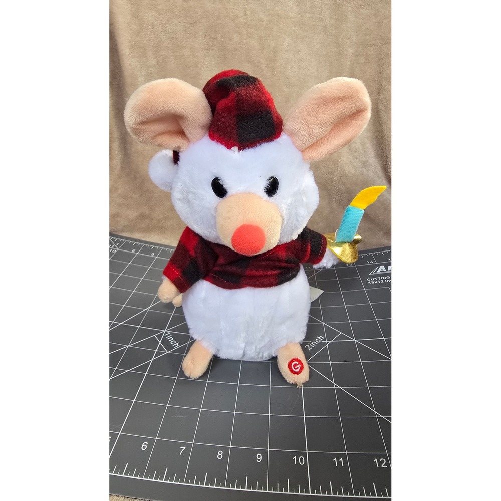 Gemmy Christmas Mouse Plush Buffalo Plaid Hat Sweater Candle Animated 8 inch